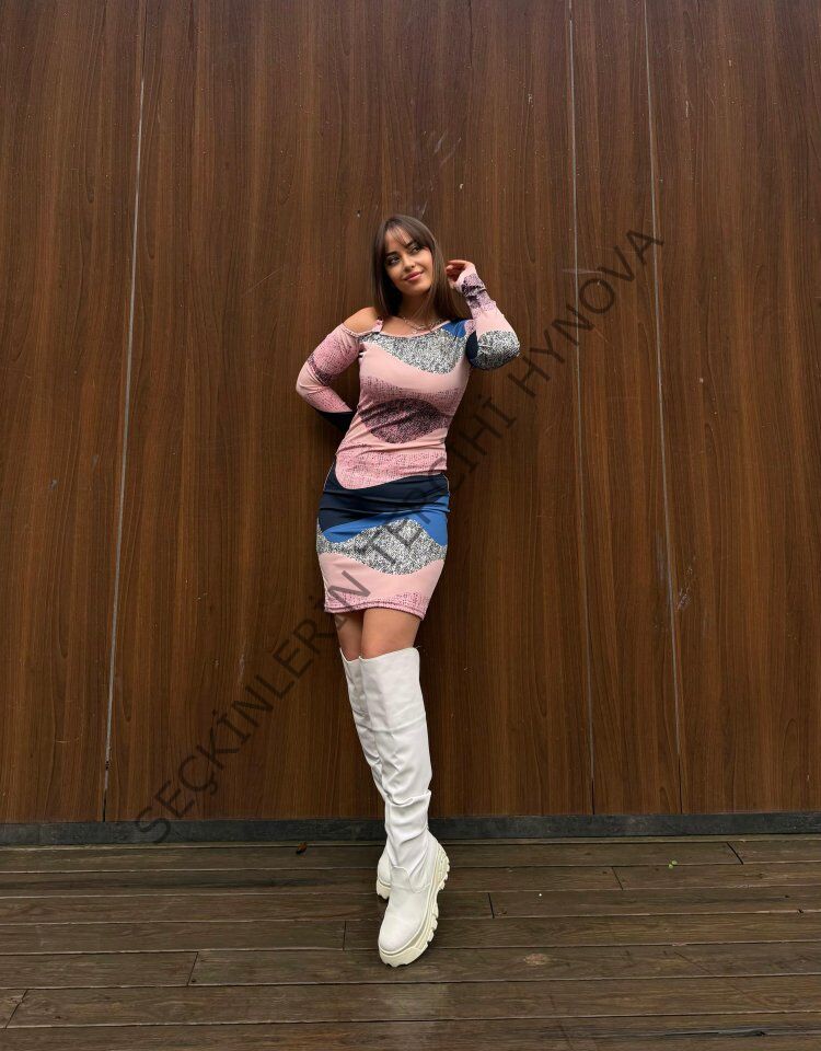 Kadın Uzun Kollu Tek Omuzu Askı Toka Detaylı Kısa Dalgıç Elbise