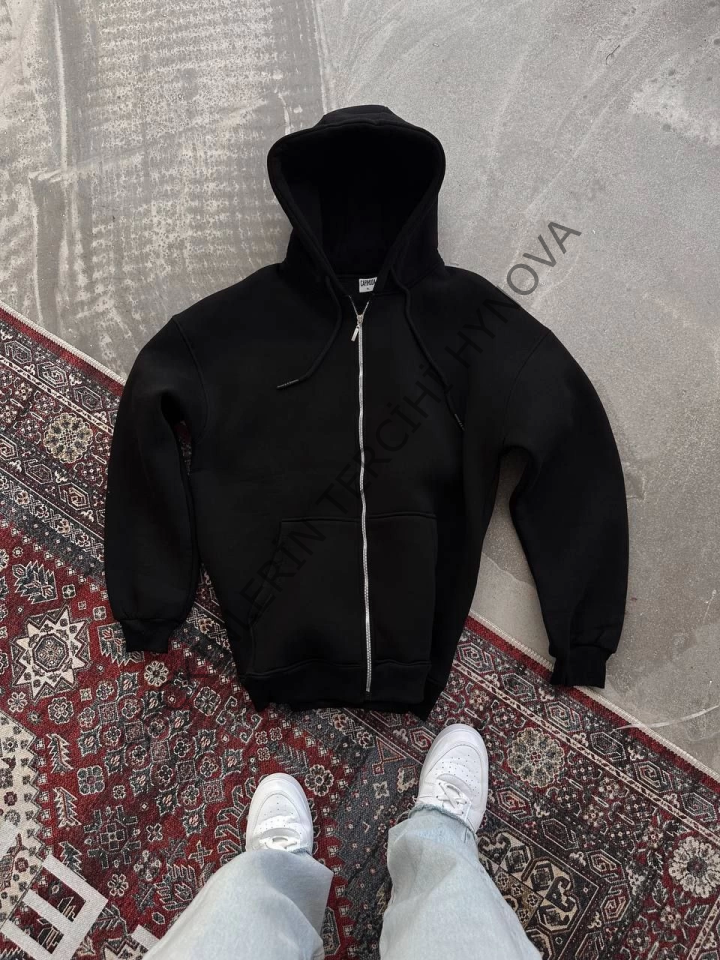 Oversize Tam Fermuarlı Uzun Kol Hırka - Siyah