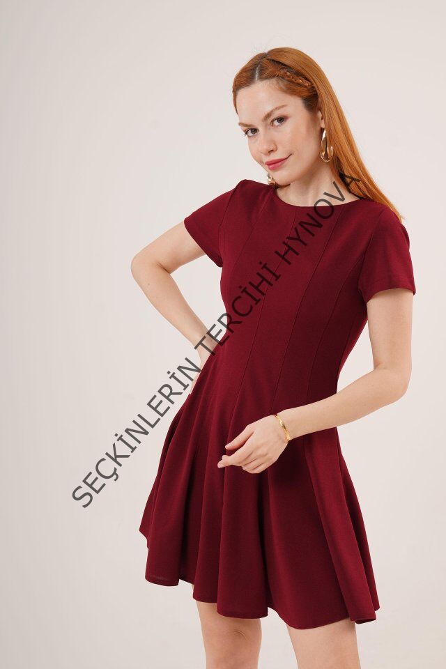 Önden Dikiş Detaylı Çan Model Bordo Elbise