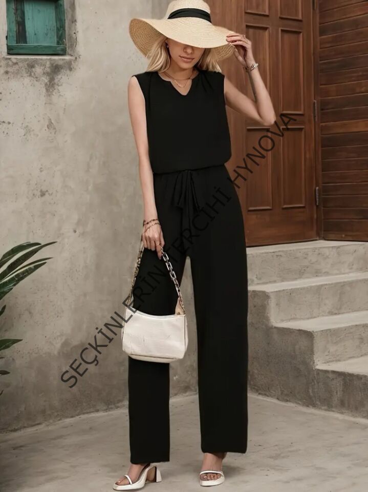 Kadın Kolsuz V Yakalı Aerobin Bluz Ve Belden Kuşaklı Pantolon Ikili Takım