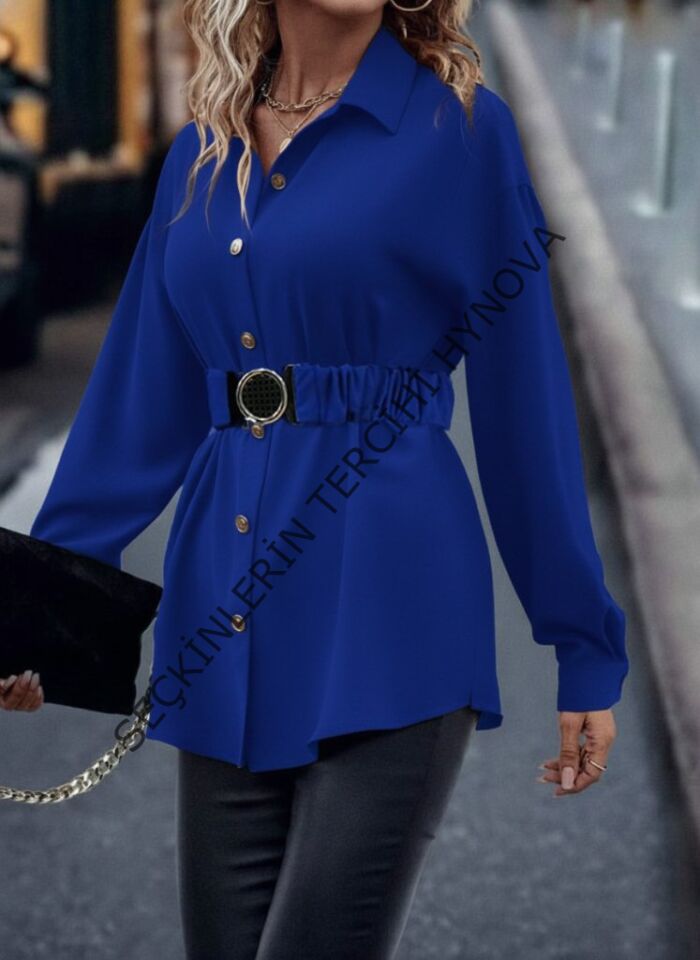 Kadın Uzun Kollu Yakalı önden Düğmeli Belden Kemerli Ithal Krep Bluz