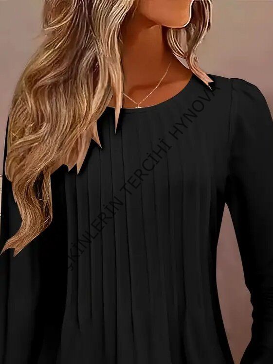 Kadın Uzun Kollu Yuvarlak Yaka Nervürlü Bluz