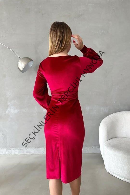 Kadın Kadife Kumaş Kruvaze Yaka Balon Kol Ve Yırtmaç Detaylı Midi Boy Elbise