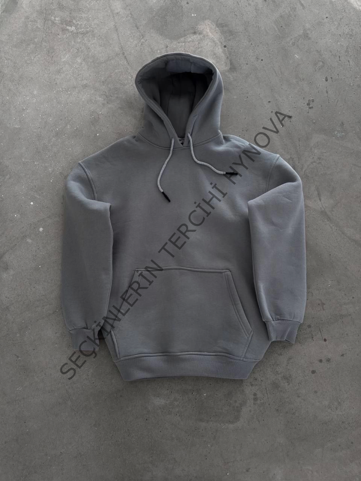 Kapşonlu Üç İplik Penye Basic SweatShirt - Boyalı Gri