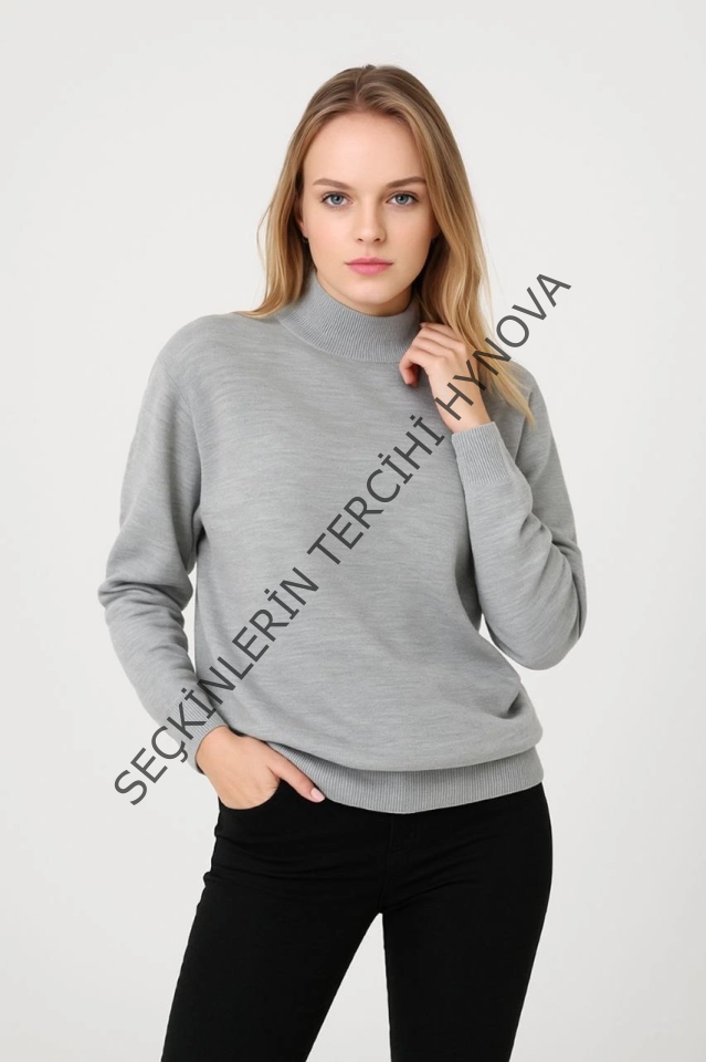 Yarım Boğaz Triko Kazak Yumuşak Dokulu Pamuklu Ince Dokuma, Uzun Kollu Rahat Regular Kalıp - Gri