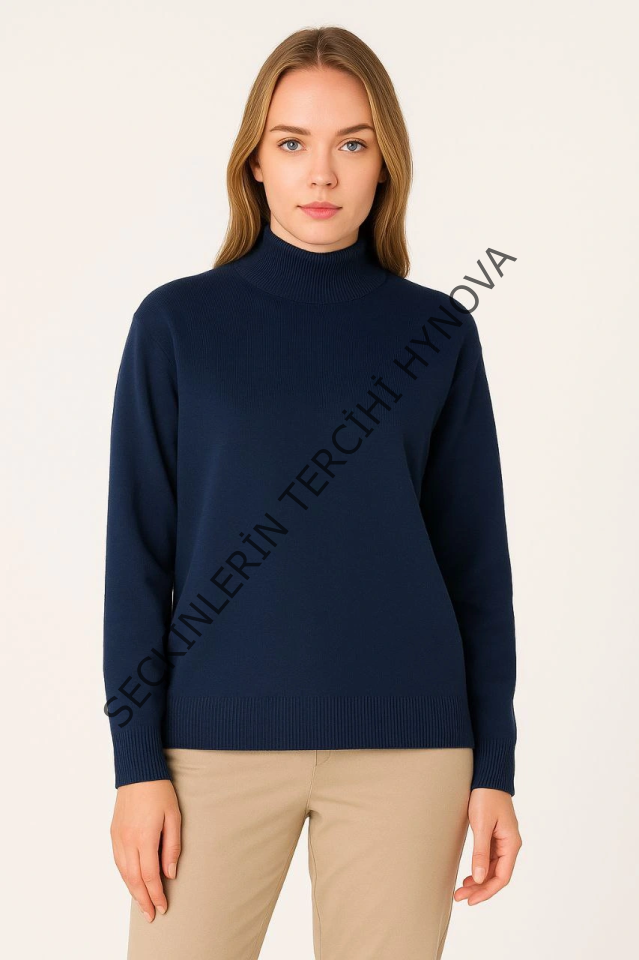 Yarım Boğaz Triko Kazak Yumuşak Dokulu Pamuklu Ince Dokuma, Uzun Kollu Rahat Regular Kalıp - Lacivert