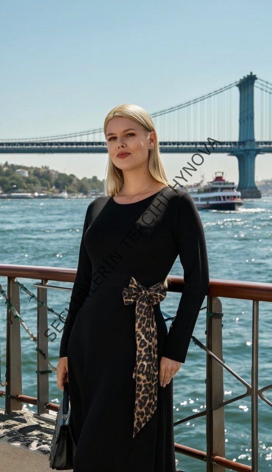 Kadın Bisiklet Yaka Leopar Fiyonk Detay Maxi Boy Elbise