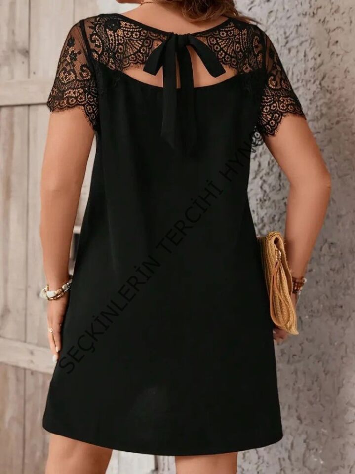 Kadın Kısa Kollu Dantel Bisiklet Yaka Ve Kol Dantel Detaylı Janjan Krep Elbise
