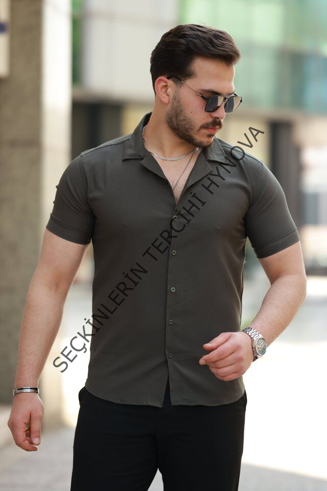 Erkek Apaj Yaka Kısa Kollu Gömlek
