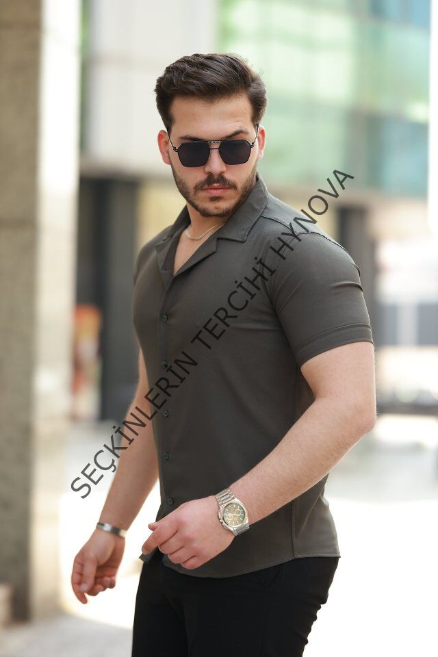 Erkek Apaj Yaka Kısa Kollu Gömlek