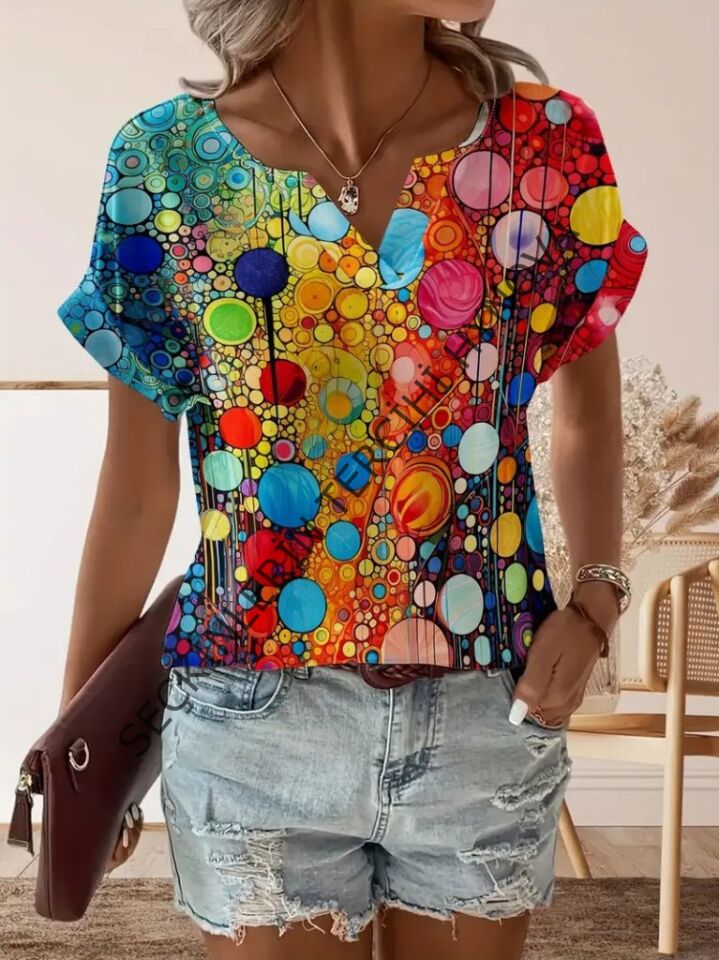 Kadın Kısa Kollu V Yakalı Desenli Süprem Bluz