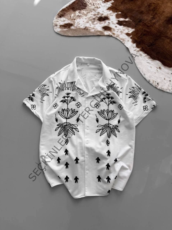 İki İplik Kumaş Baskılı Gömlek - Beyaz