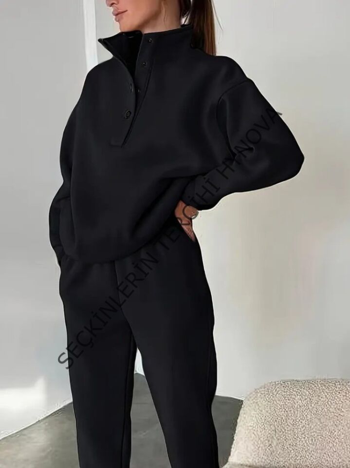 Kadın Uzun Kollu Balıkçı Dik Yakalı Düğmeli üç Iplik Bluz Ve Pantolon Ikili Takım