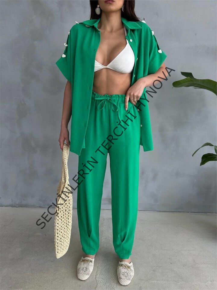 OMUZ MİDYE SIRALI BLUZ - PAÇA PENSLİ PANTOLON TAKIM - Yeşil