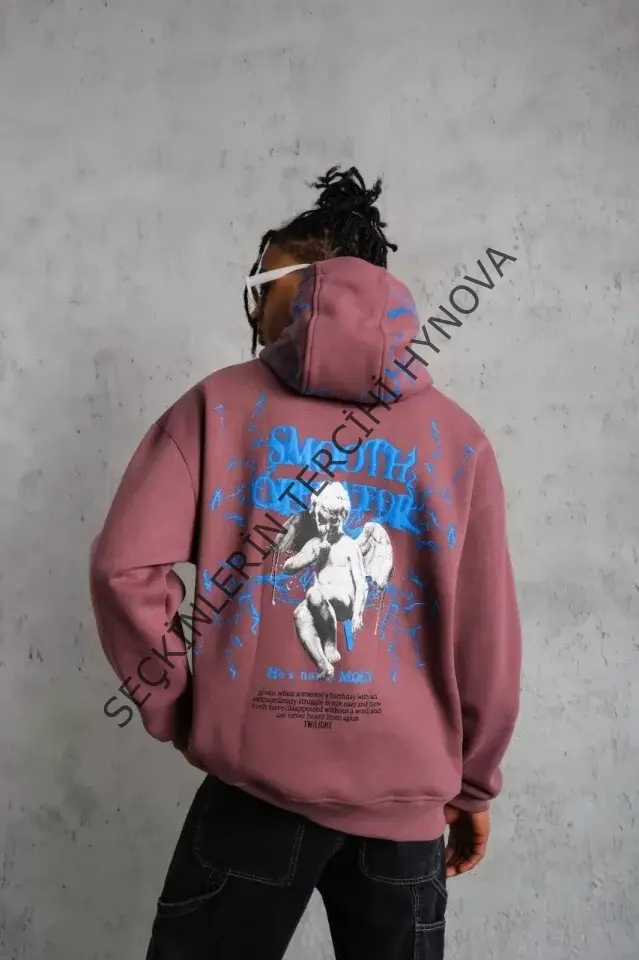 Erkek Yıldırım Baskılı Kapşonlu Sweat - Gül Kurusu