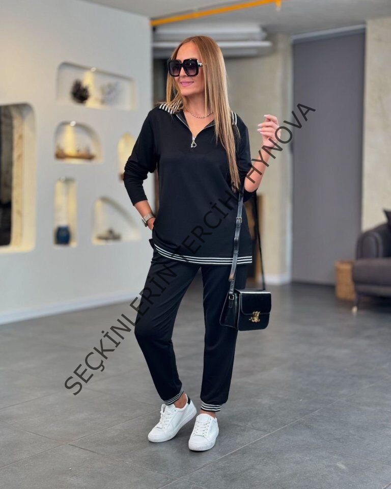 Kadın Uzun Kollu Ribana Ve Fermuar Detay Bluz Ve Yüksel Bel Pantolon 2li Takım