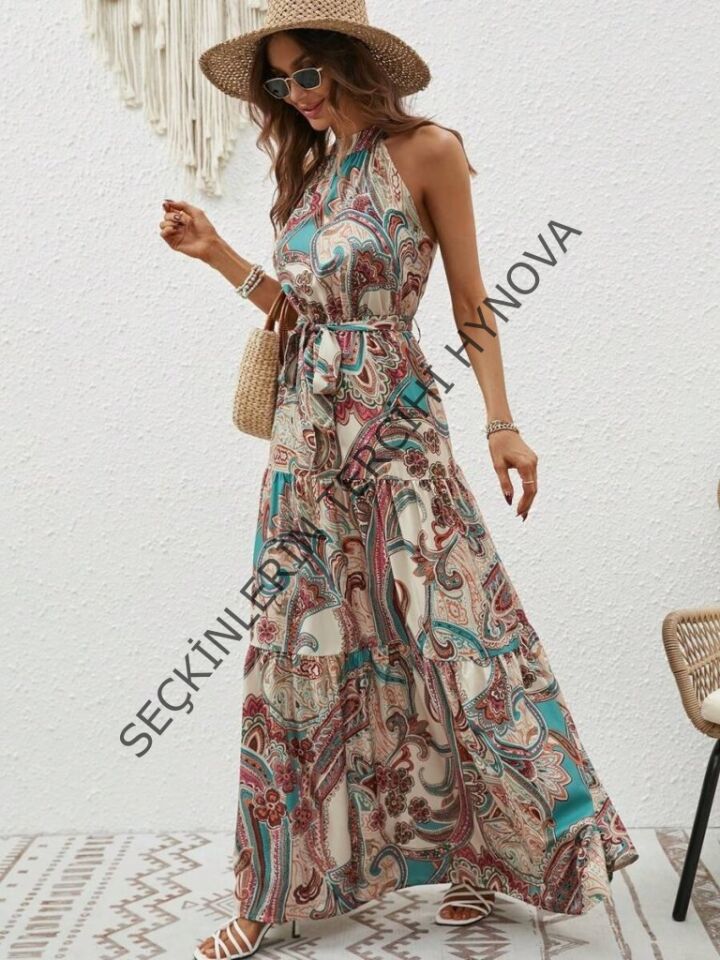 Kadın Halter Yakalı Omuzlardan Açık Kuşaklı Maksi Boy Desenli Süprem Elbise