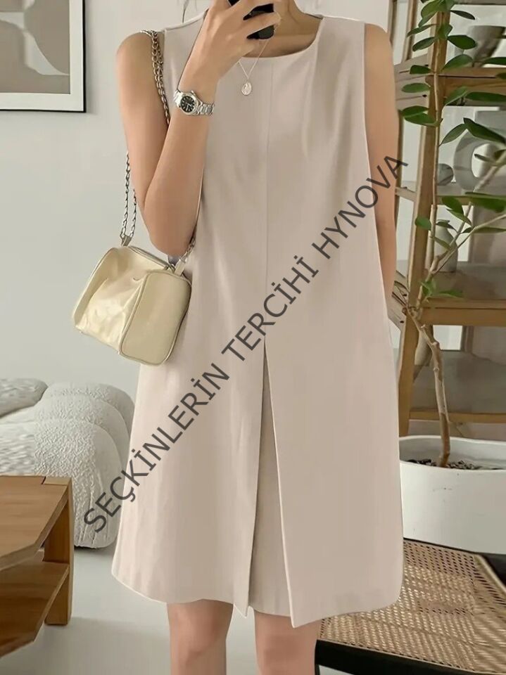 Kadın Askılı Sıfır Kol A Kesim Detaylı Ithal Krep Elbise