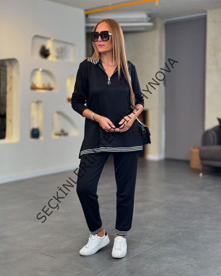 Kadın Uzun Kollu Ribana Ve Fermuar Detay Bluz Ve Yüksel Bel Pantolon 2li Takım