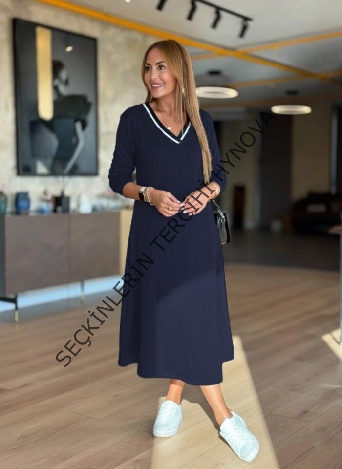 Kadın Uzun Kollu V Yakalı Midi çağla Yeşili Modal Elbise