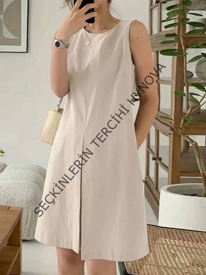 Kadın Askılı Sıfır Kol A Kesim Detaylı Ithal Krep Elbise