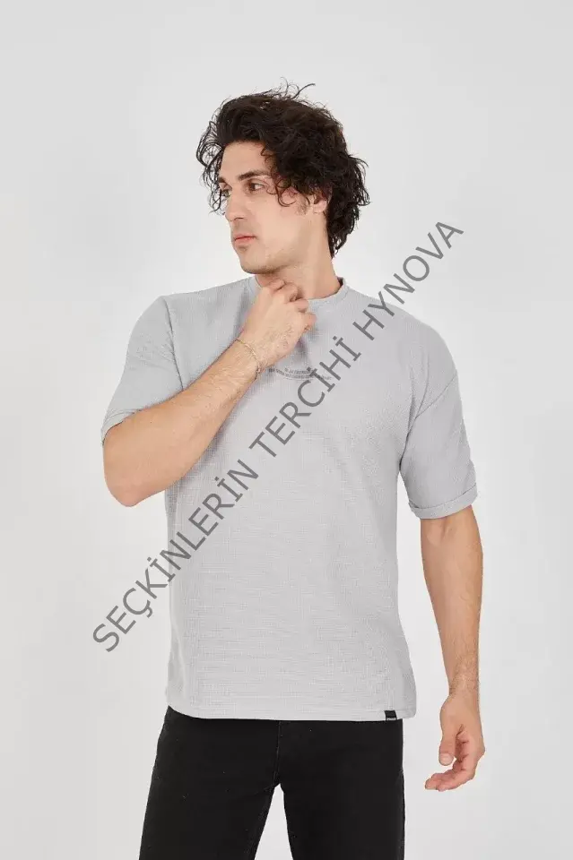 Unisex Waffle Kumaş Rahat Kol T-Shirt - Boyalı Gri