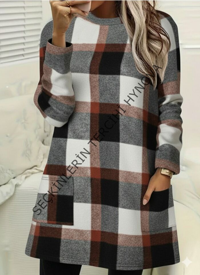 Kadın Uzun Kollu Yarı Balıkçı Yakalı Cep Detaylı Ekoseli Dokuma Tunik