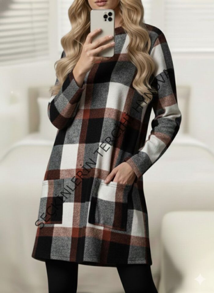 Kadın Uzun Kollu Yarı Balıkçı Yakalı Cep Detaylı Ekoseli Dokuma Tunik