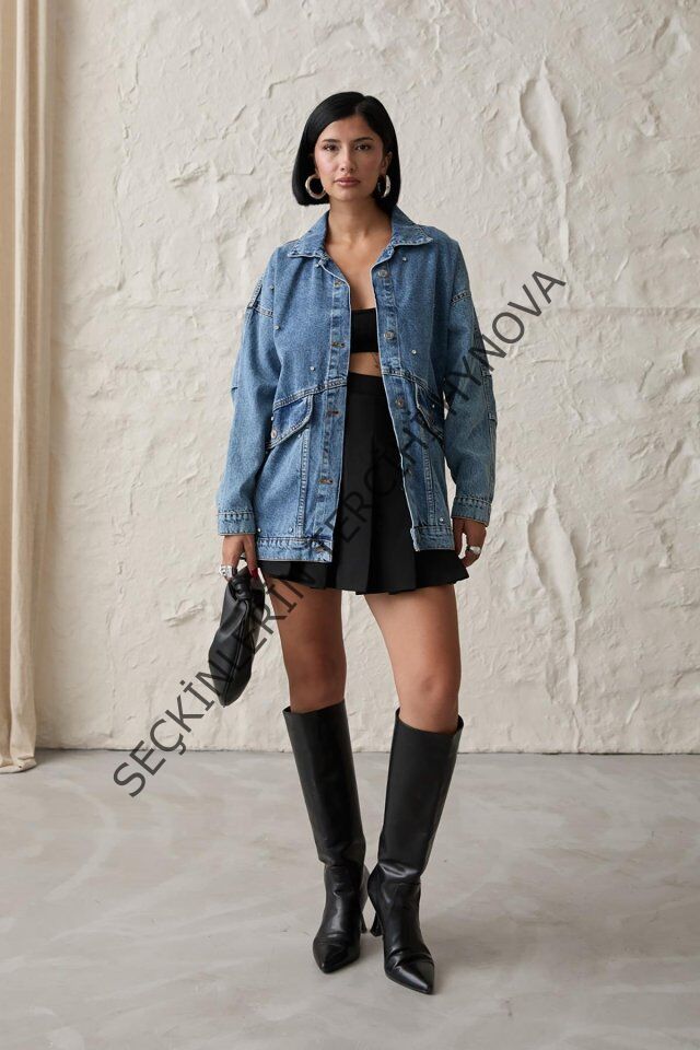 Mavi Taşlı Kot Ceket