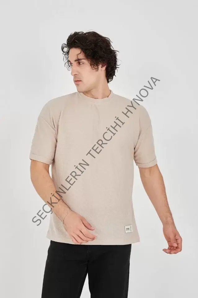 Unisex Waffle Kumaş Rahat Kol T-Shirt - Bej