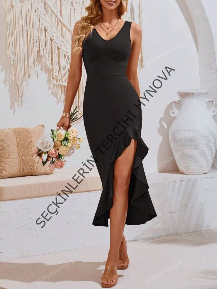 Kadın Askılı V Yakalı önden Fırfırlı Uzun Dalgıç Elbise