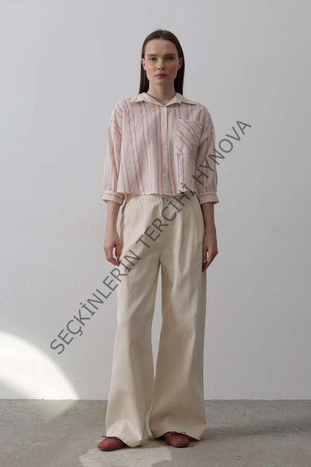 Çift Pileli Palazzo Pantolon - Natür