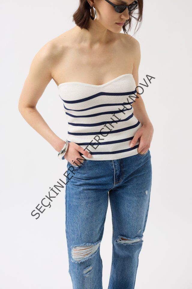 Çizgili Straplez Dokulu Bluz