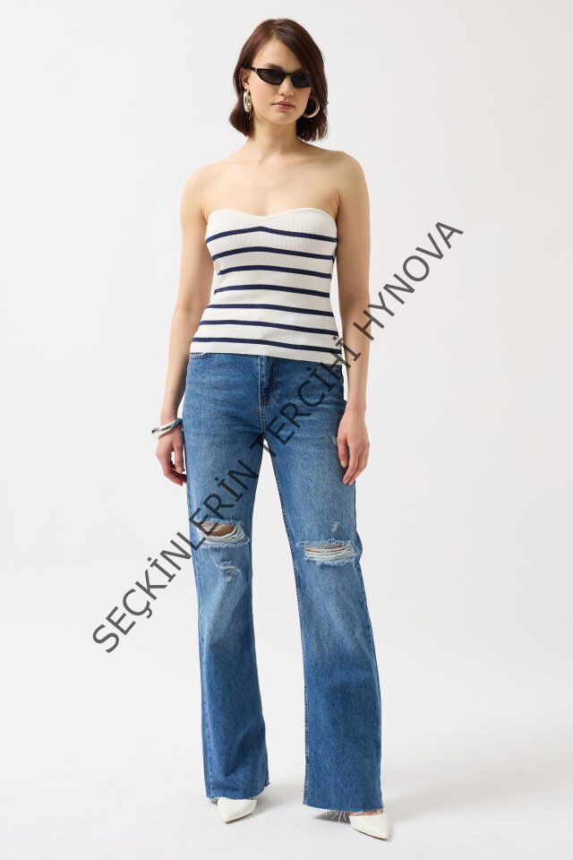 Çizgili Straplez Dokulu Bluz