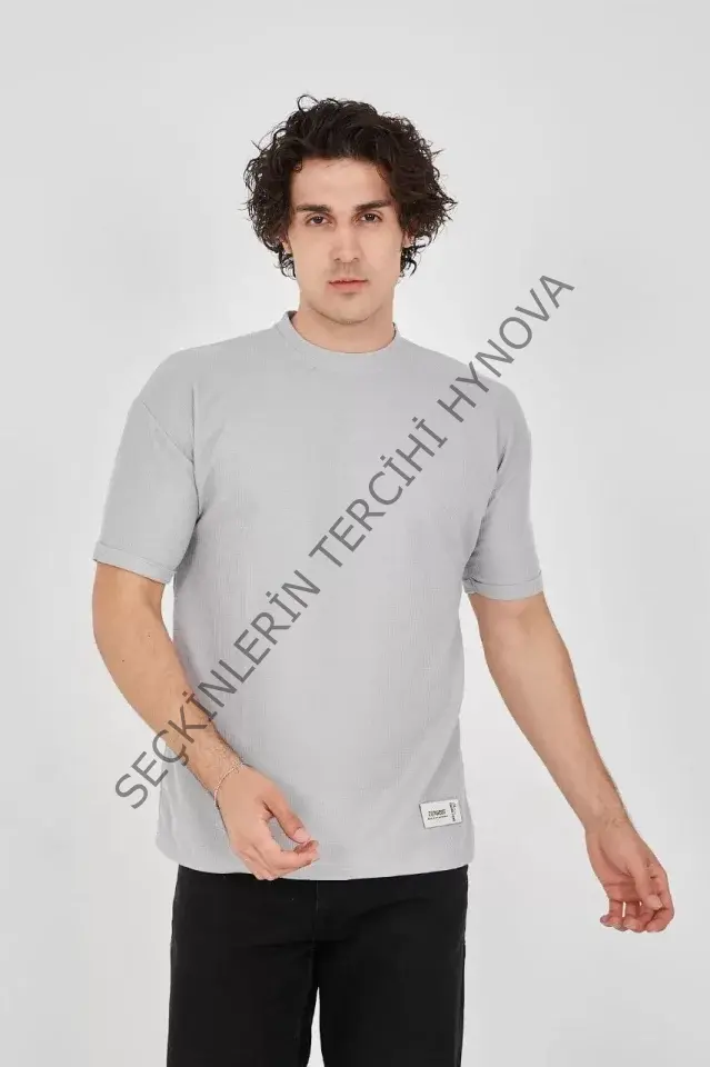 Unisex Waffle Kumaş Rahat Kol T-Shirt - Boyalı Gri