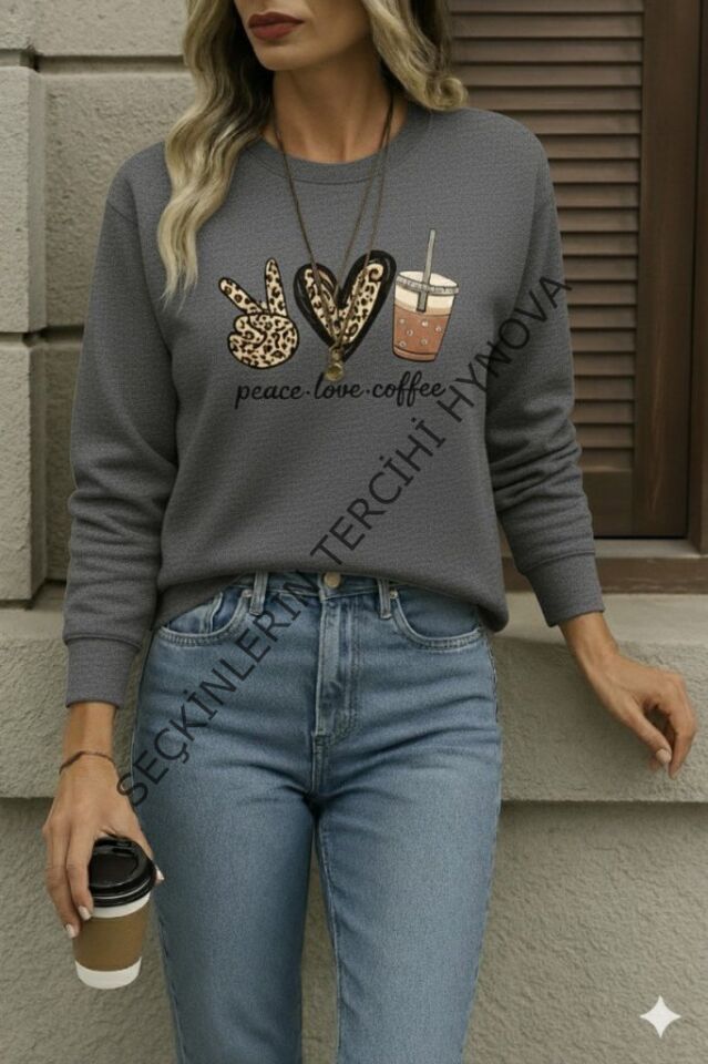 Kadın Uzun Kollu Bisiklet Yaka Kalp Desenli Viskon Iki Iplik Bluz