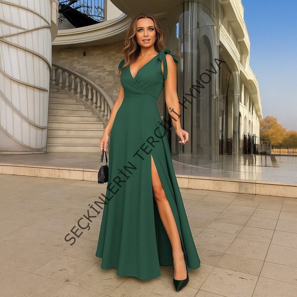 Kadın Askılı Omuzdan Bağlamalı Kruvaze Yakalı Uzun Yırtmaçlı Janjan Krep Elbise