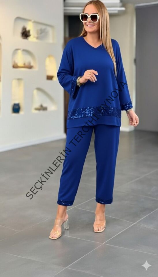Kadın Uzun Kollu V Yakalı Pulpayet Viskon Iki Iplik Bluz Ve Pantolon Takım