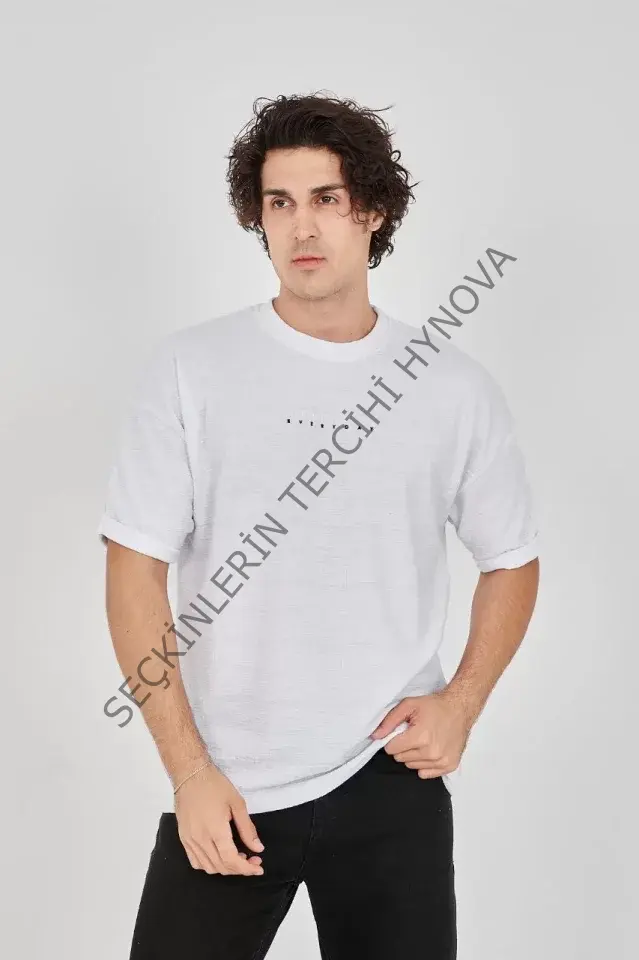 Unisex Jakar Kumaş Rahat Kol T-Shirt - Beyaz