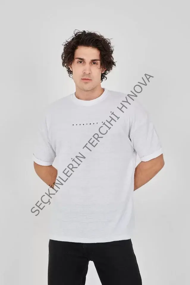 Unisex Jakar Kumaş Rahat Kol T-Shirt - Beyaz