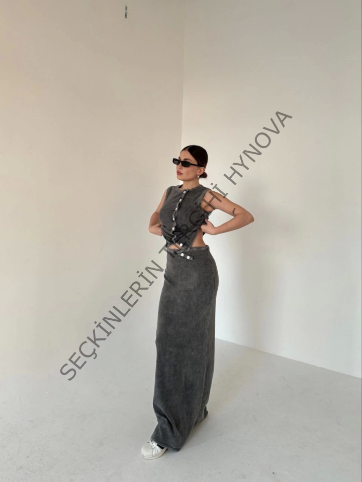 Uzun Etekli Önü Düğmeli Badi İkili Takım- Antrasit