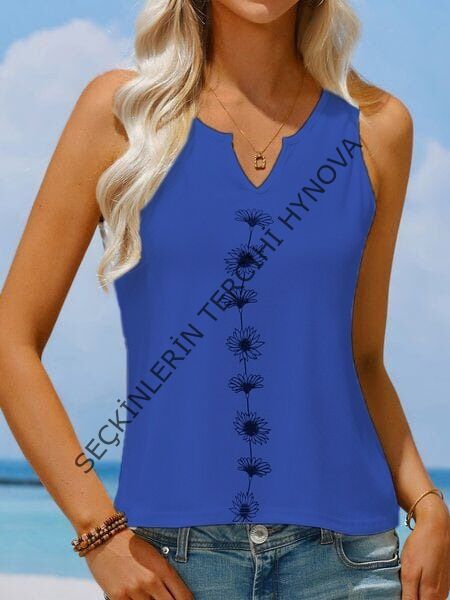 Kadın V Yaka Su Yolu çiçek Baskı Kolsuz Viskon Bluz