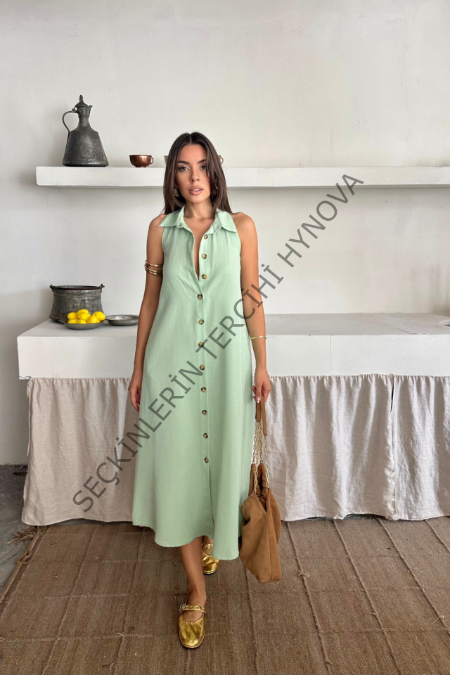 KETEN ÖNDEN DÜĞMELİ KOLSUZ GÖMLEK YAKA ELBİSE - Mint