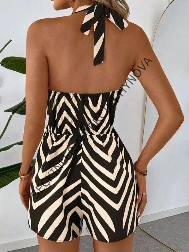 Kadın Boyundan Askılı Halter Yakalı Desenli Süprem Tulum