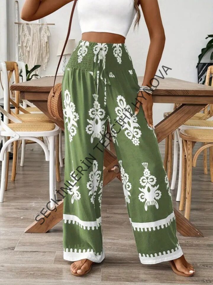 Kadın Yüksek Bel Büzgülü Etnik Desen Baskılı Süprem Pantolon