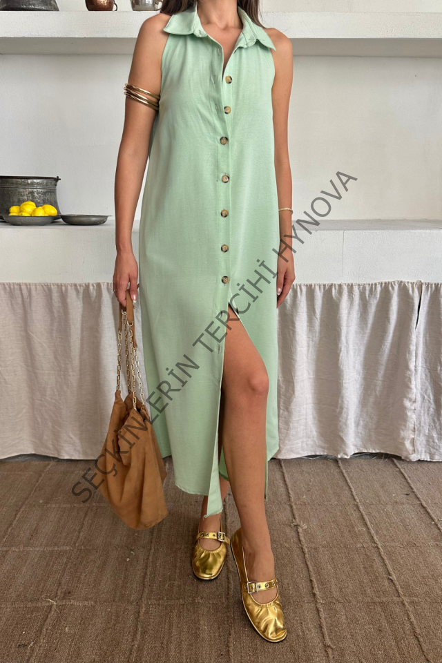 KETEN ÖNDEN DÜĞMELİ KOLSUZ GÖMLEK YAKA ELBİSE - Mint