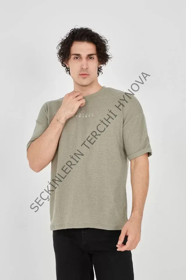 Unisex Jakar Kumaş Rahat Kol T-Shirt - Açık Yeşil