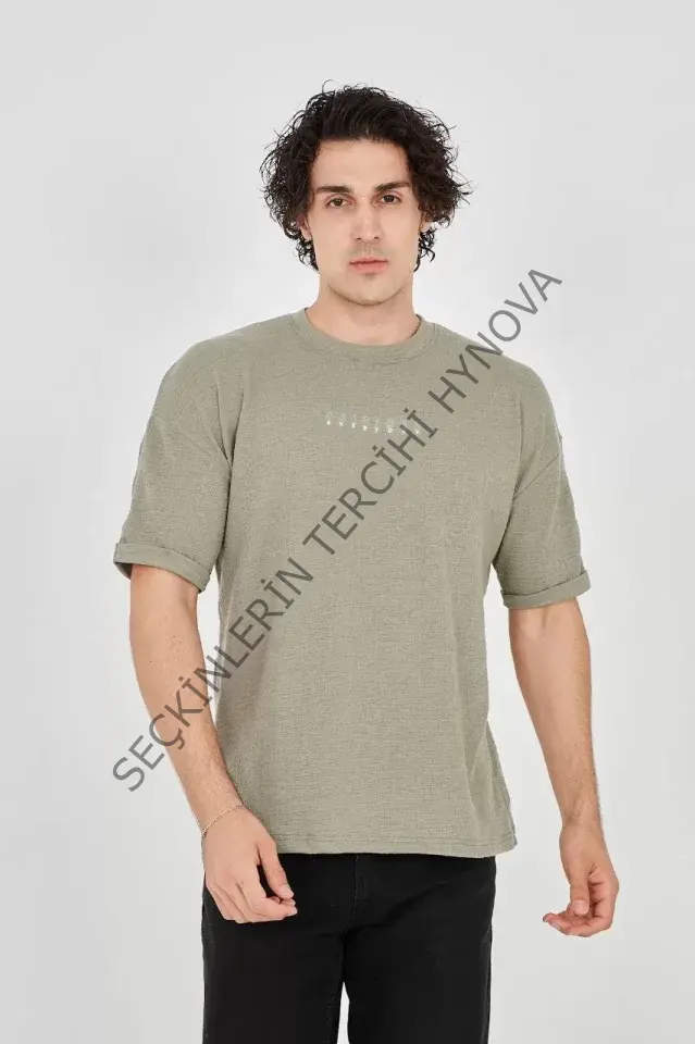 Unisex Jakar Kumaş Rahat Kol T-Shirt - Açık Yeşil