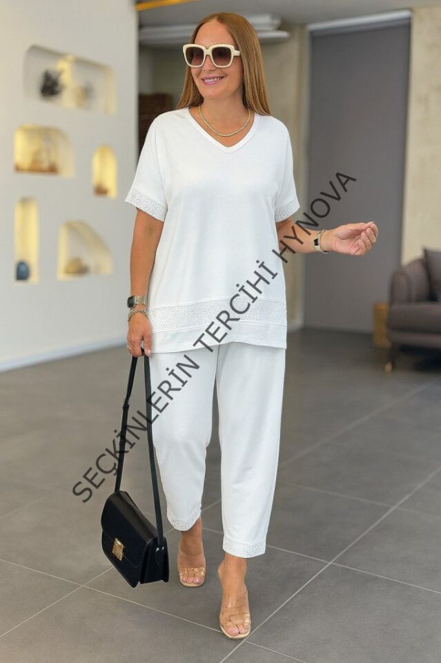 Kadın Kısa Kollu V Yakalı Pul Payetli Viskon Iki Iplik Bluz Ve Pantolon Ikili Takım