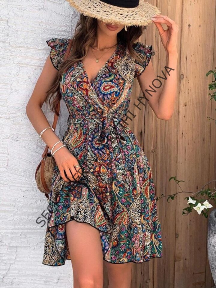 Kadın Kısa Kelebek Kollu Kruvaze Yakalı Süprem Elbise